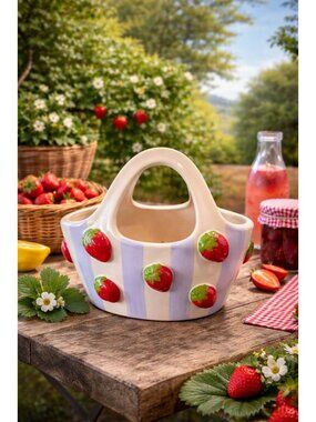 New Purple / Red Strawberries Motifs Basket Bag Ceramic Flower Vase Room Decor